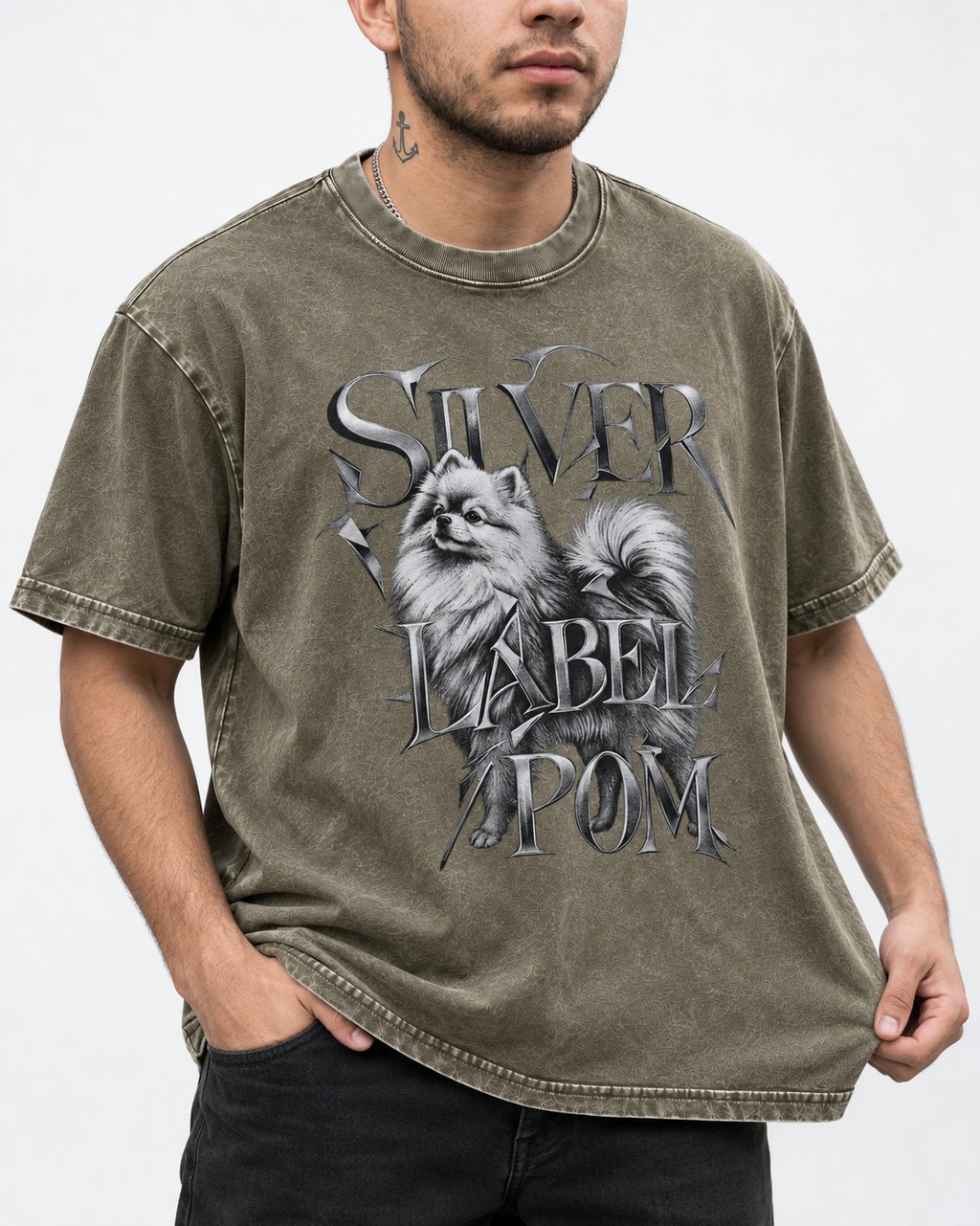 Pomeranian Silver Label Metallic Typography Graphic Washed Tee in Army Green, worn by a model, front view