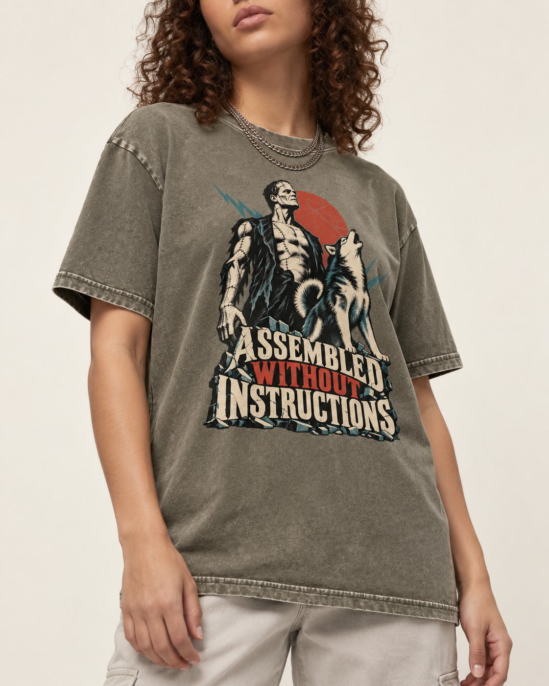 Husky Assembled Without Instructions Frankenstein Graphic Washed Tee in Army Green, worn by a model, front view