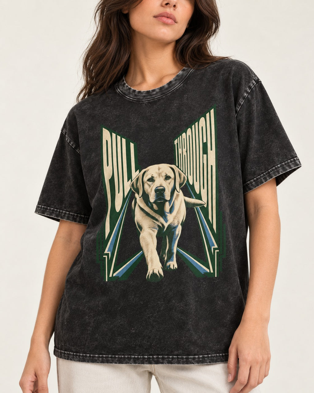 Labrador Retriever Pull Through Perspective Graphic Washed Tee in Black, worn by a model, front view