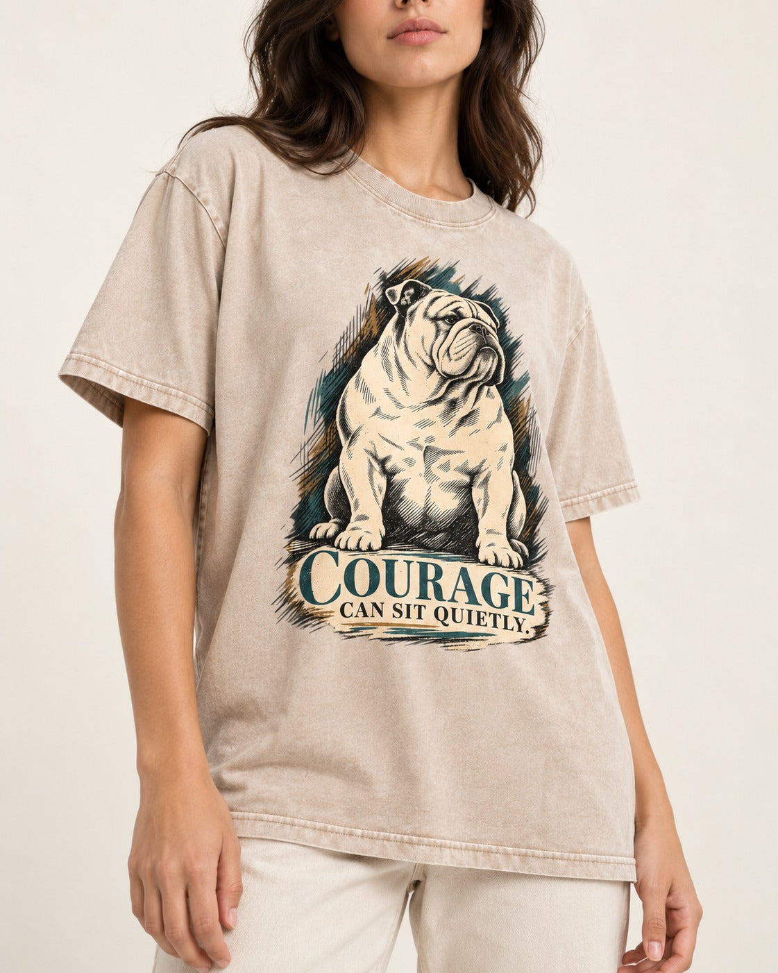 English Bulldog Courage Can Sit Quietly Washed Tee in Apricot, worn by a model, front view