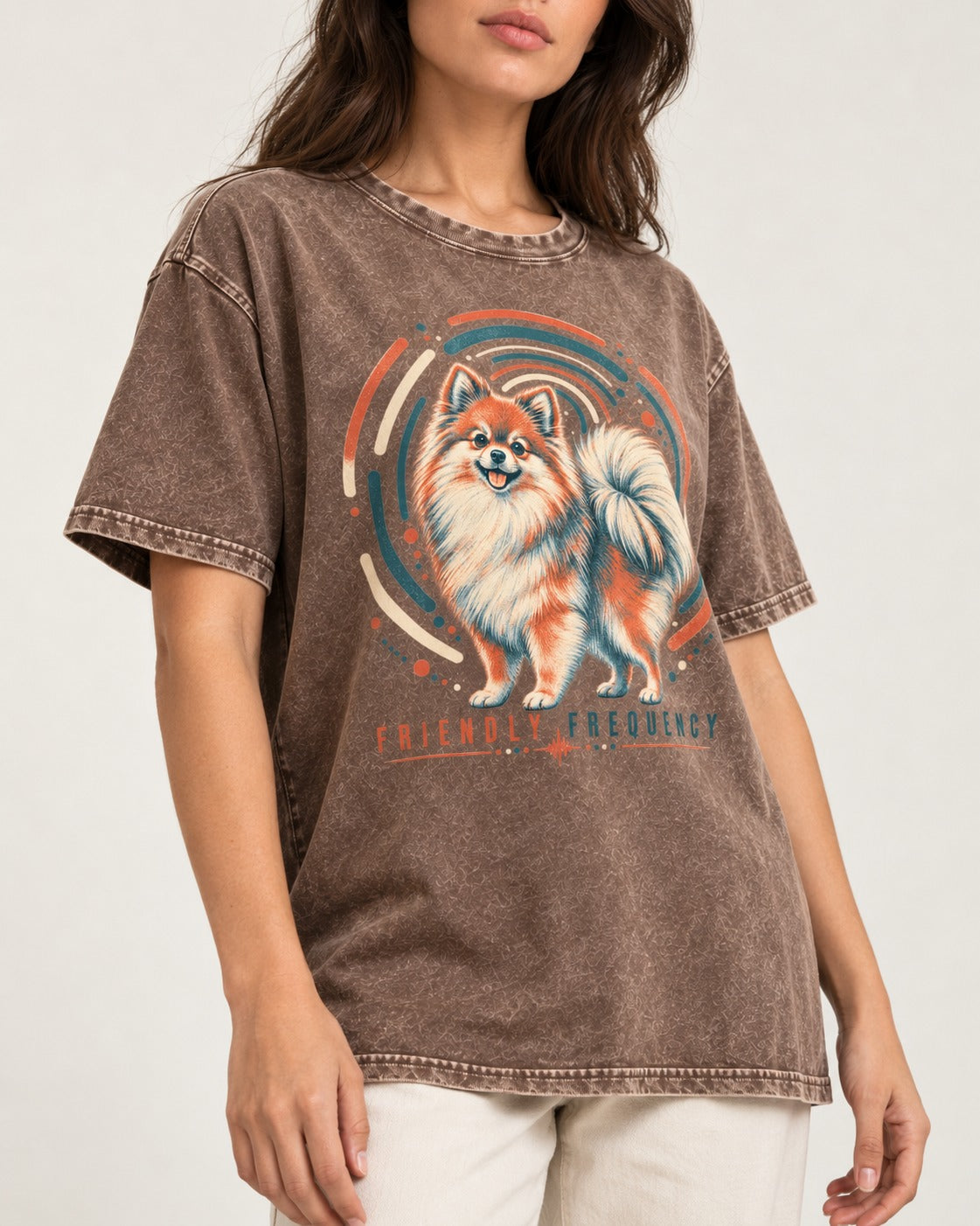 Friendly Frequency Pomeranian Washed Tee in Coffee, worn by a model, front view