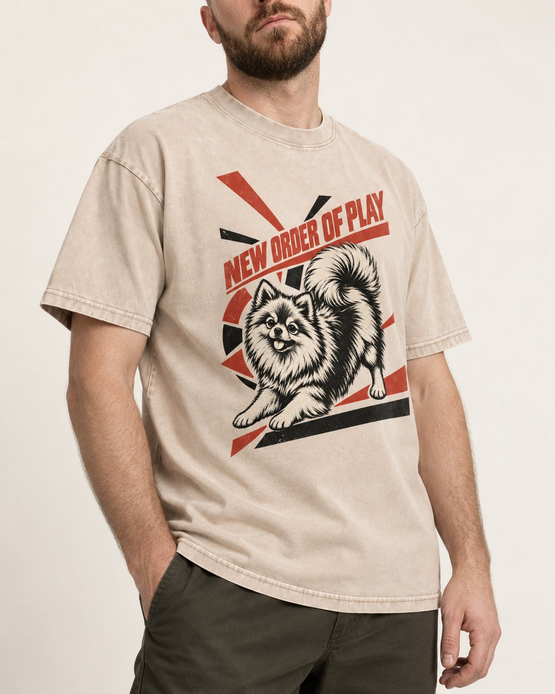 Pomeranian Order of Play Washed Tee in Apricot, worn by a model, front view