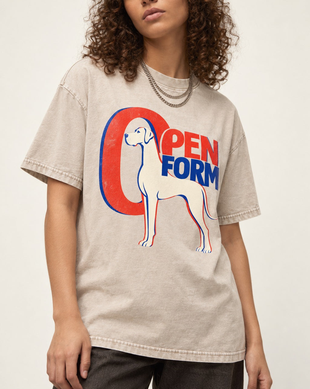 Open Form Great Dane Washed Tee in Apricot, worn by a model, front view