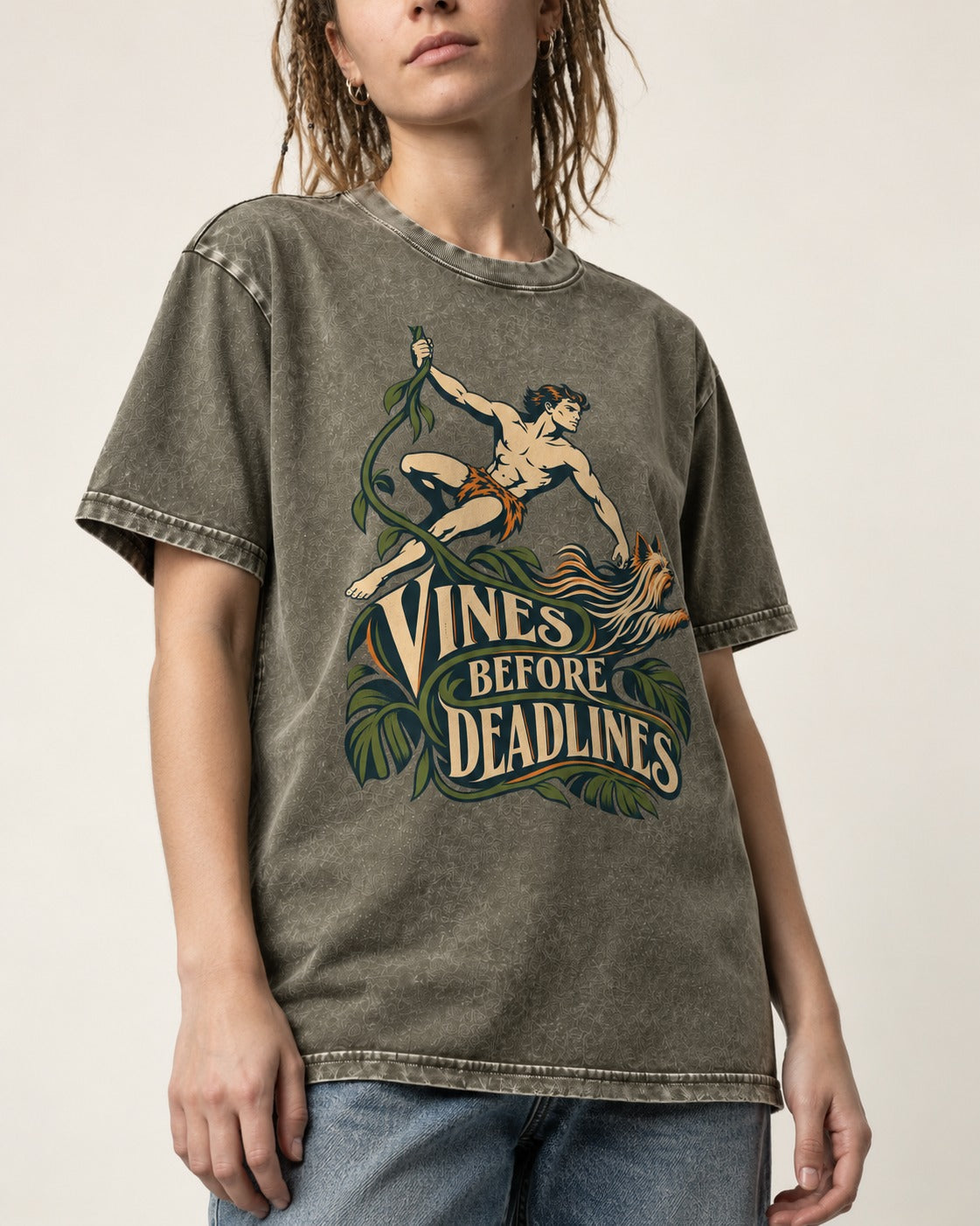 Yorkshire Terrier Vines Before Deadlines Jungle Hero Graphic Washed Tee in Army Green, worn by a model, front view