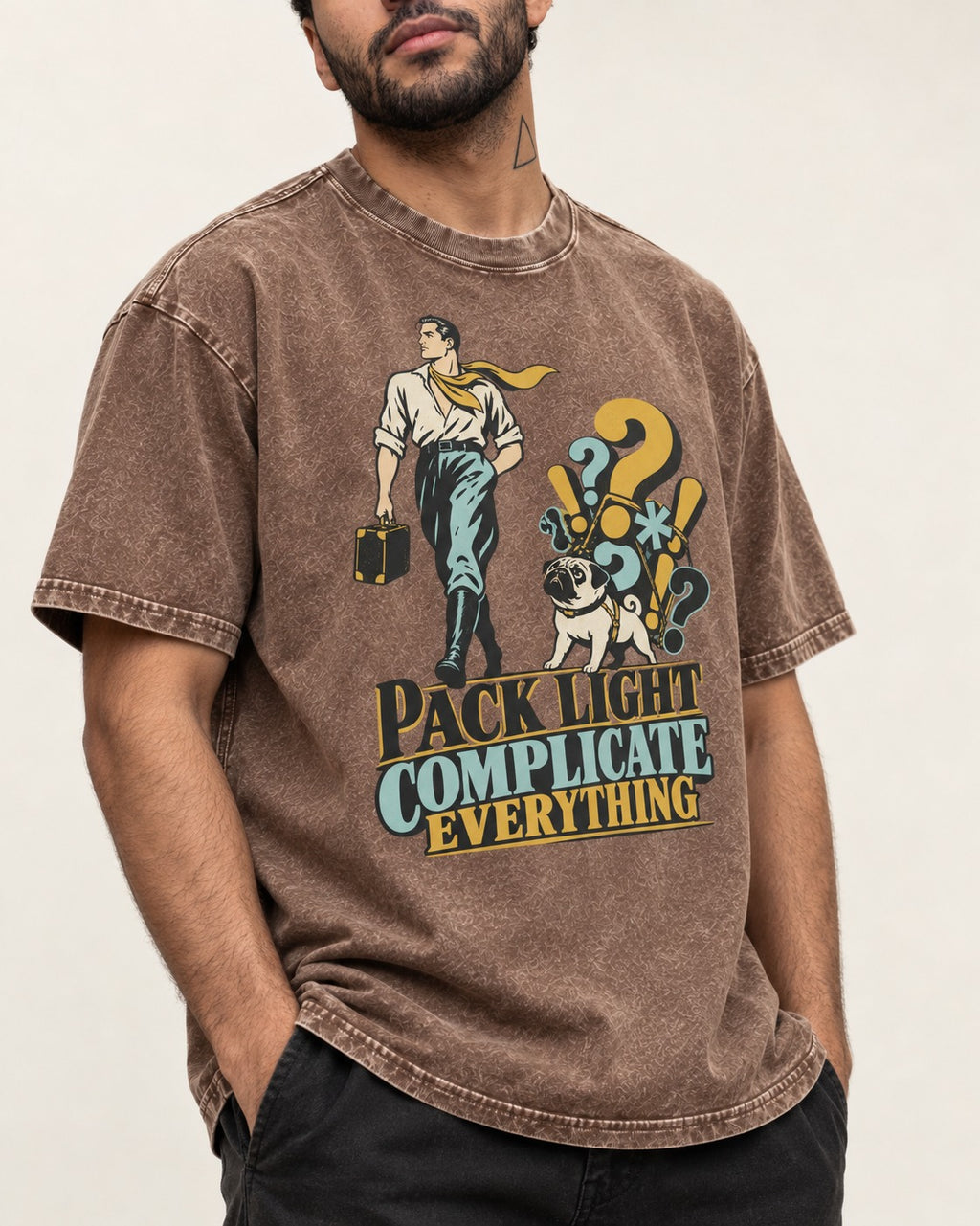 Pug Pack Light Complicate Everything Washed Tee in Coffee, worn by a model, front view