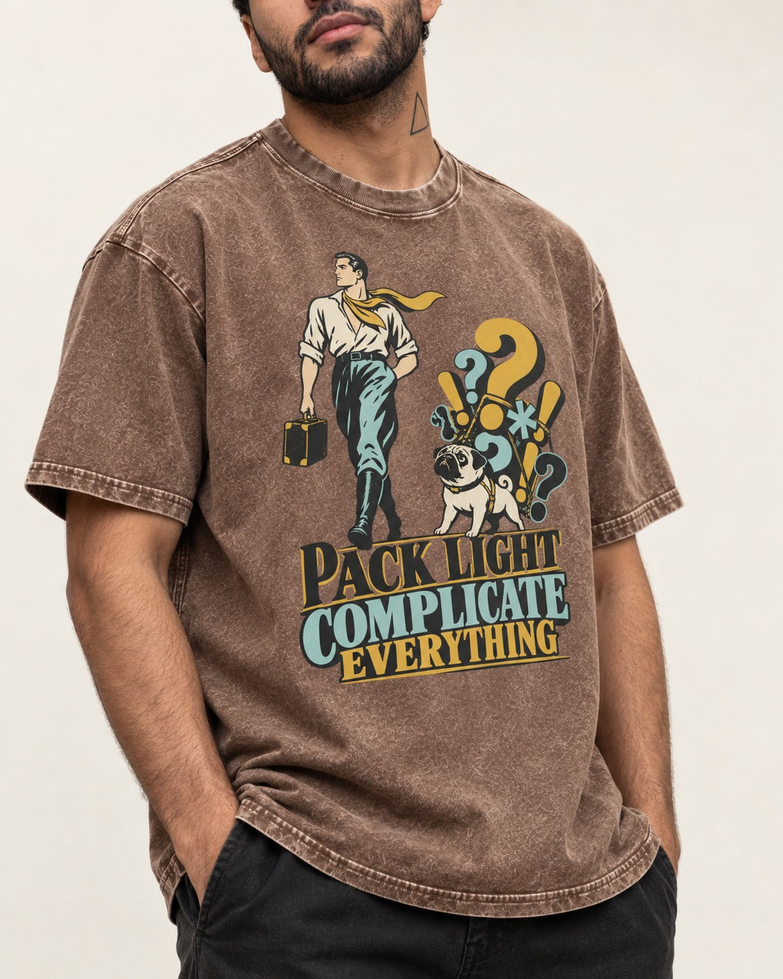 Pug Pack Light Complicate Everything Washed Tee in Coffee, worn by a model, front view
