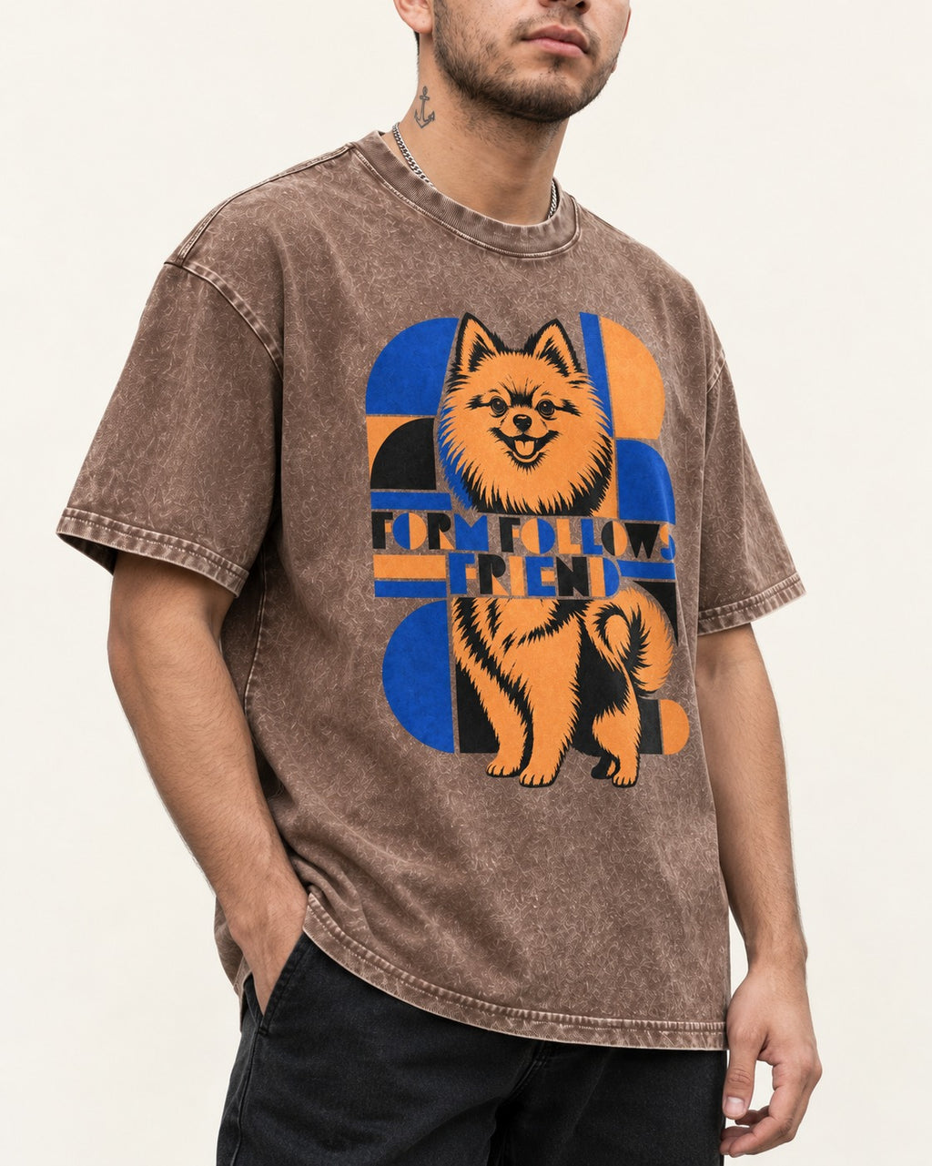 Form Follows Pomeranian Friend Washed Tee in Coffee, worn by a model, front view