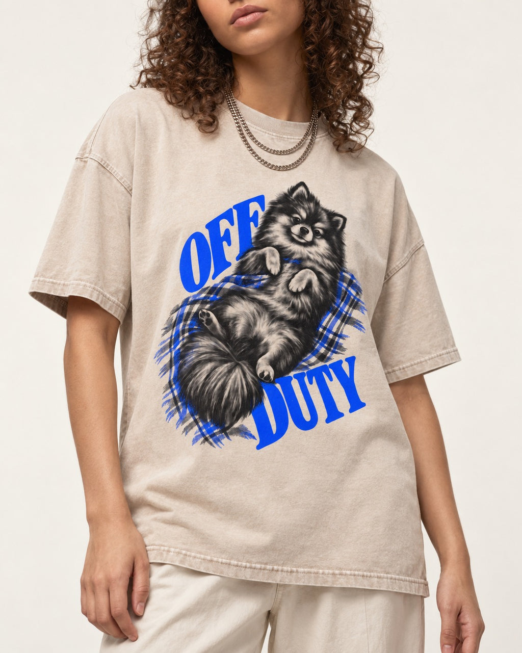 Off Duty Pomeranian Washed Tee in Apricot, worn by a model, front view