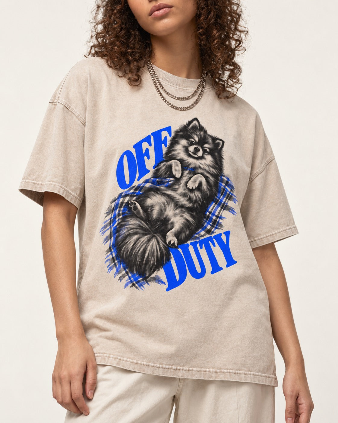 Off Duty Pomeranian Washed Tee in Apricot, worn by a model, front view