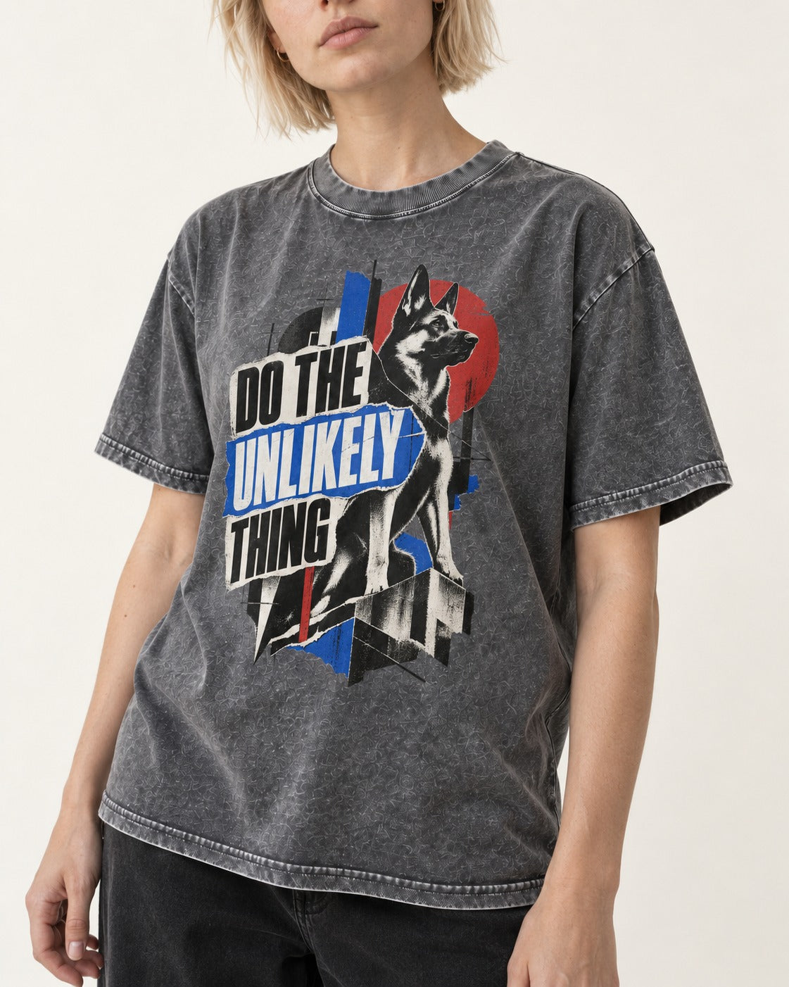 Do The Unlikely Thing Torn Poster German Shepherd Dog Graphic Washed Tee in Gray, worn by a model, front view