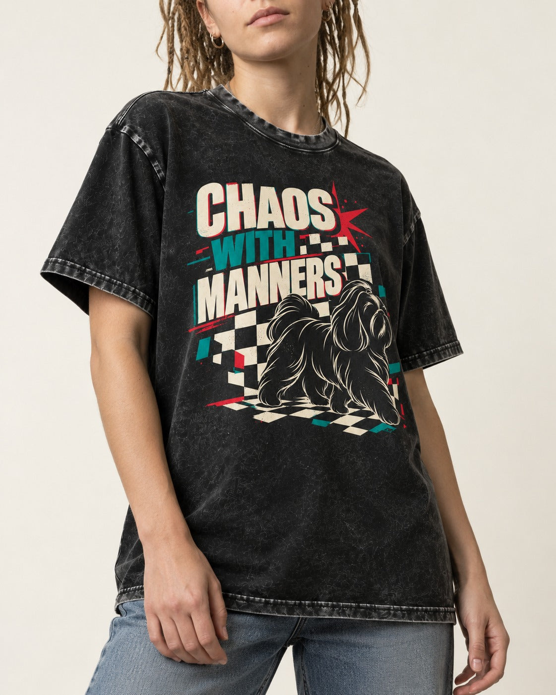 Shih Tzu Chaos with Manners Checkerboard Graphic Washed Tee in Black, worn by a model, front view