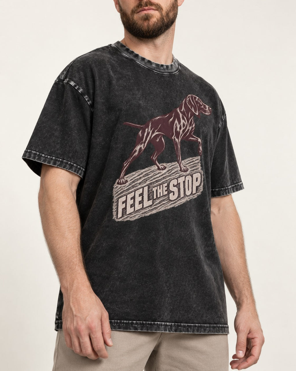German Shorthaired Pointer Feel The Stop Frottage Graphic Washed Tee in Black, worn by a model, front view