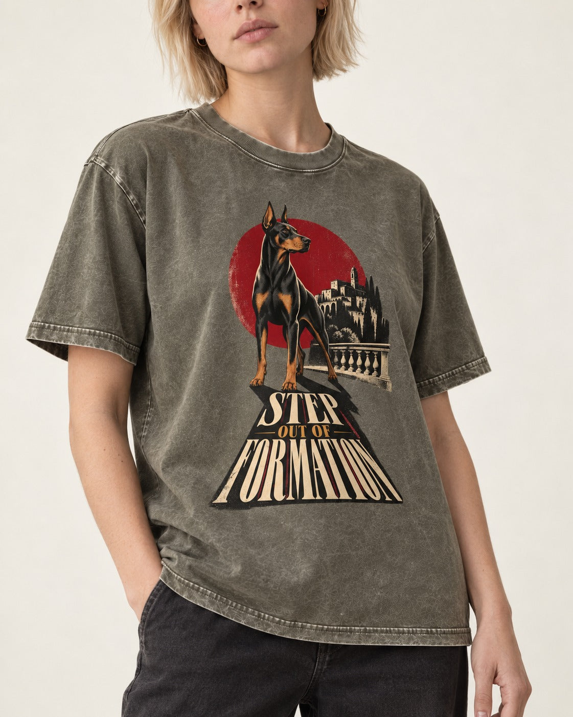 Doberman Step Out of Formation Road Vista Graphic Washed Tee in Army Green, worn by a model, front view