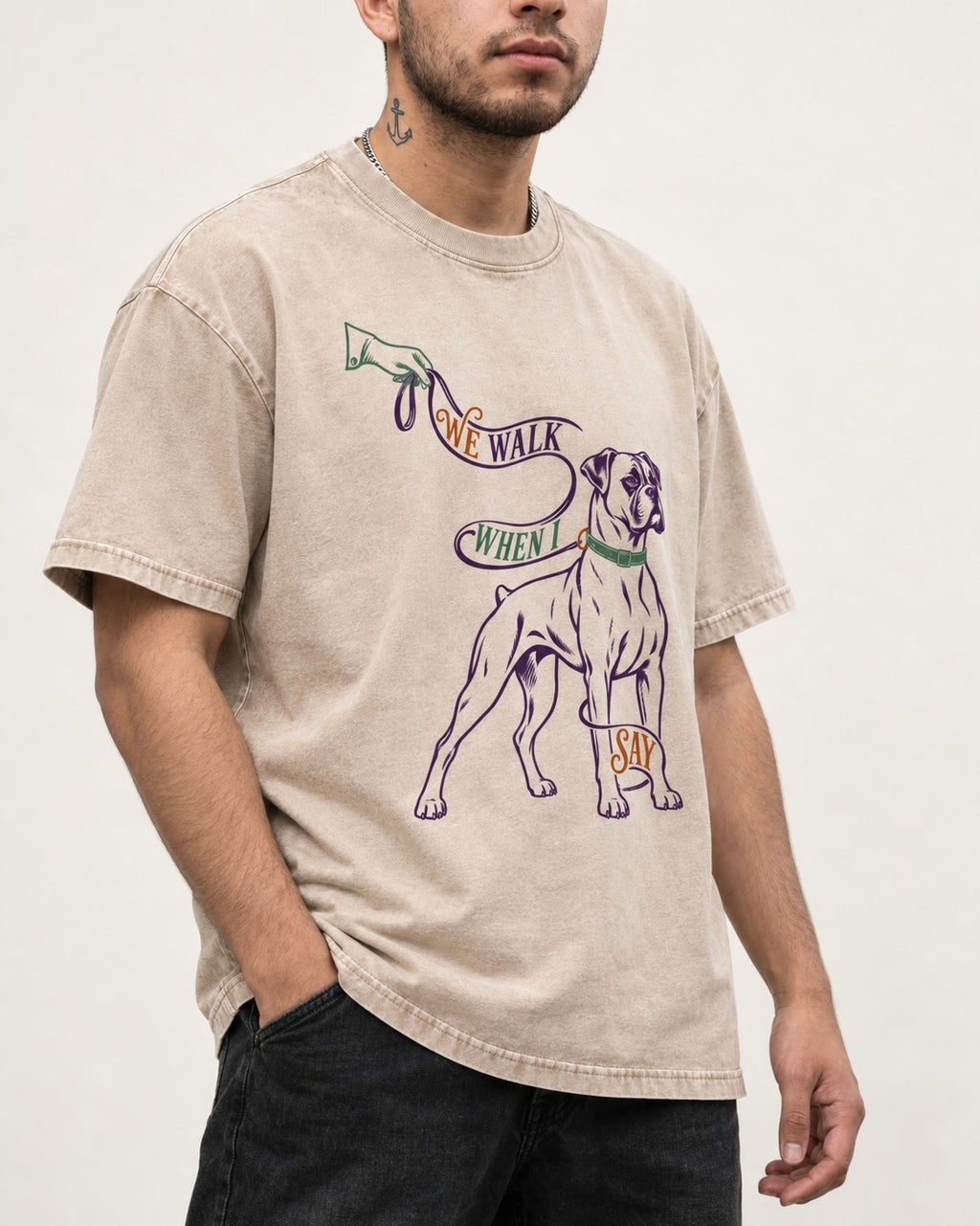 Boxer When I Say Washed Tee in Apricot, worn by a model, front view