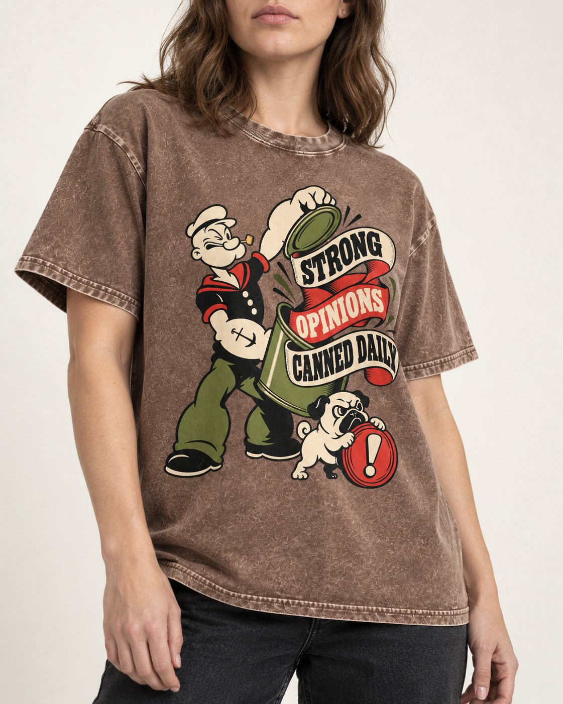 Pug Strong Opinions Washed Tee in Coffee, worn by a model, front view
