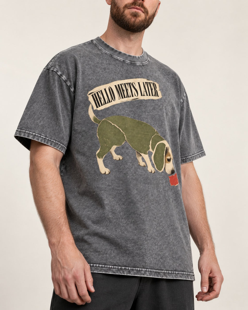Twenty Minutes Later Beagle Washed Tee in Gray, worn by a model, front view