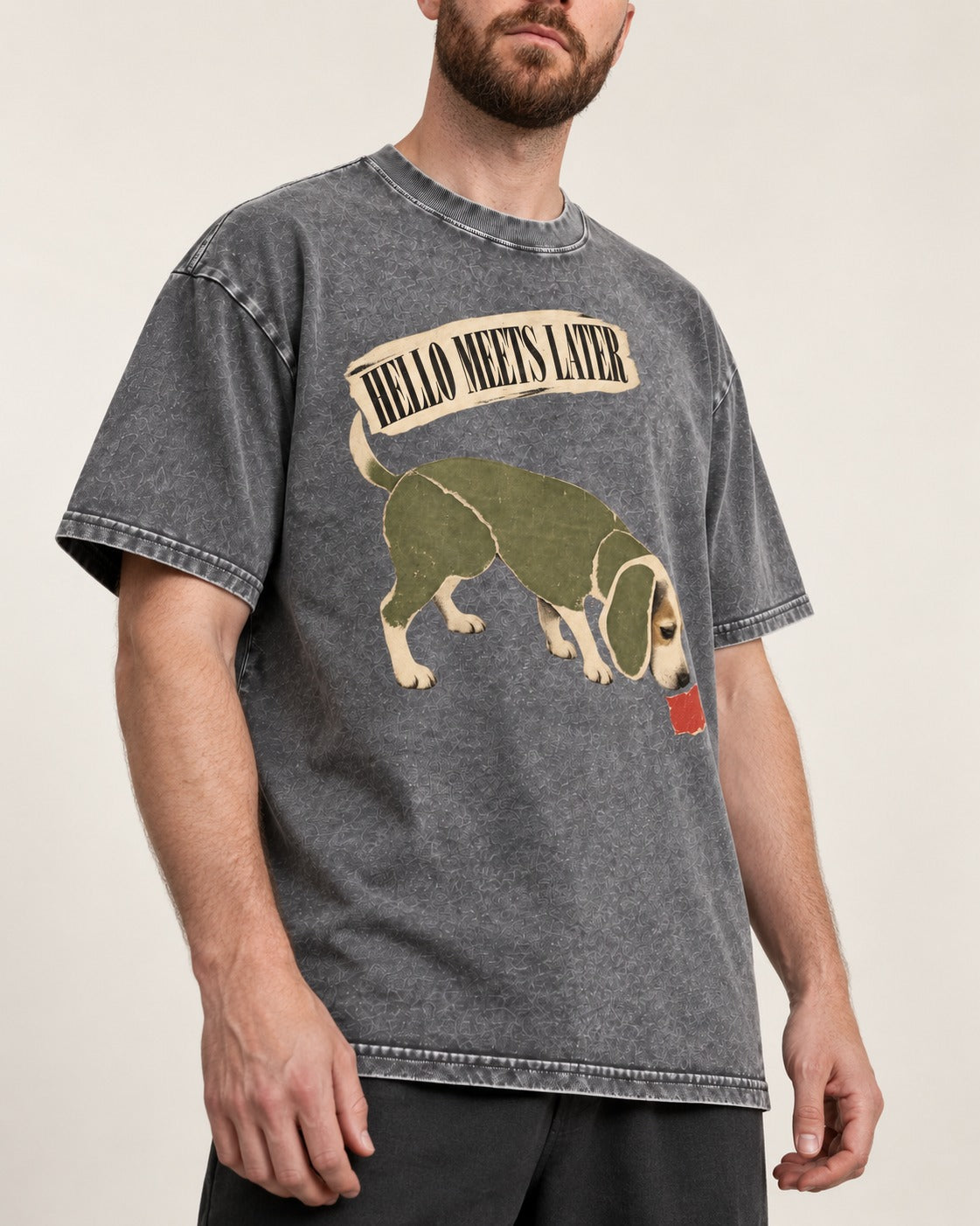 Twenty Minutes Later Beagle Washed Tee in Gray, worn by a model, front view