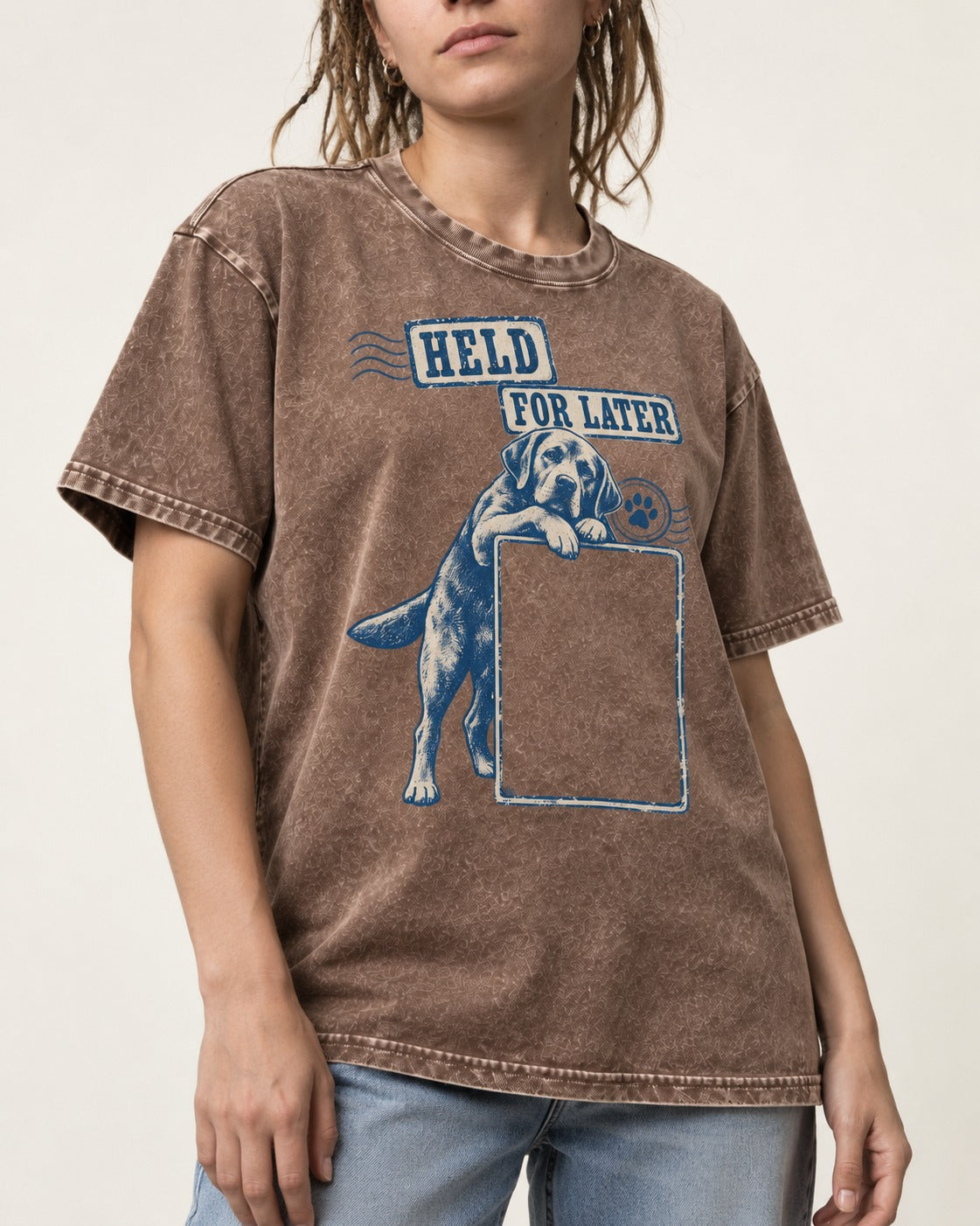 Held for Later Labrador Retriever Washed Tee in Coffee, worn by a model, front view