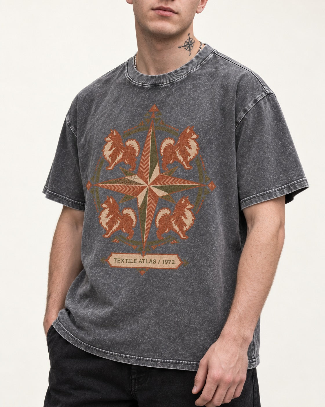 Pomeranian Textile Atlas Compass Rose Graphic Washed Tee in Gray, worn by a model, front view