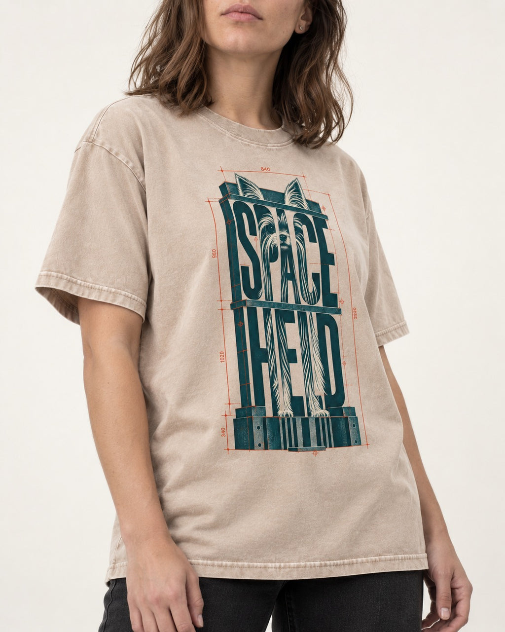 Yorkshire Terrier Space Head Washed Tee in Apricot, worn by a model, front view