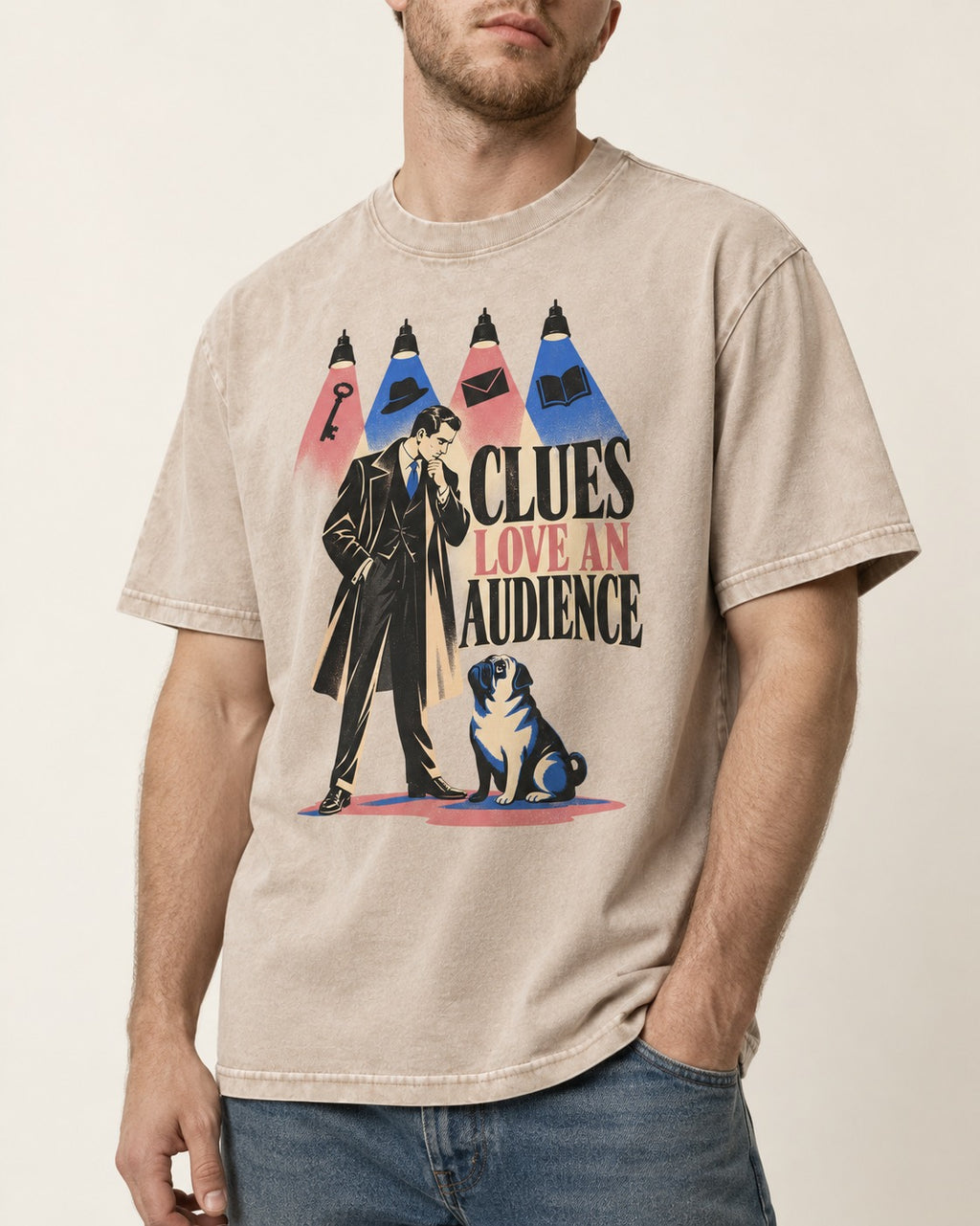Pug Clues Love an Audience Washed Tee in Apricot, worn by a model, front view