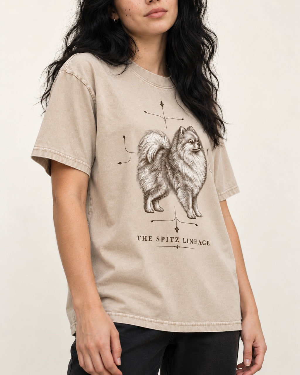 Pomeranian Spitz Lineage Washed Tee in Apricot, worn by a model, front view