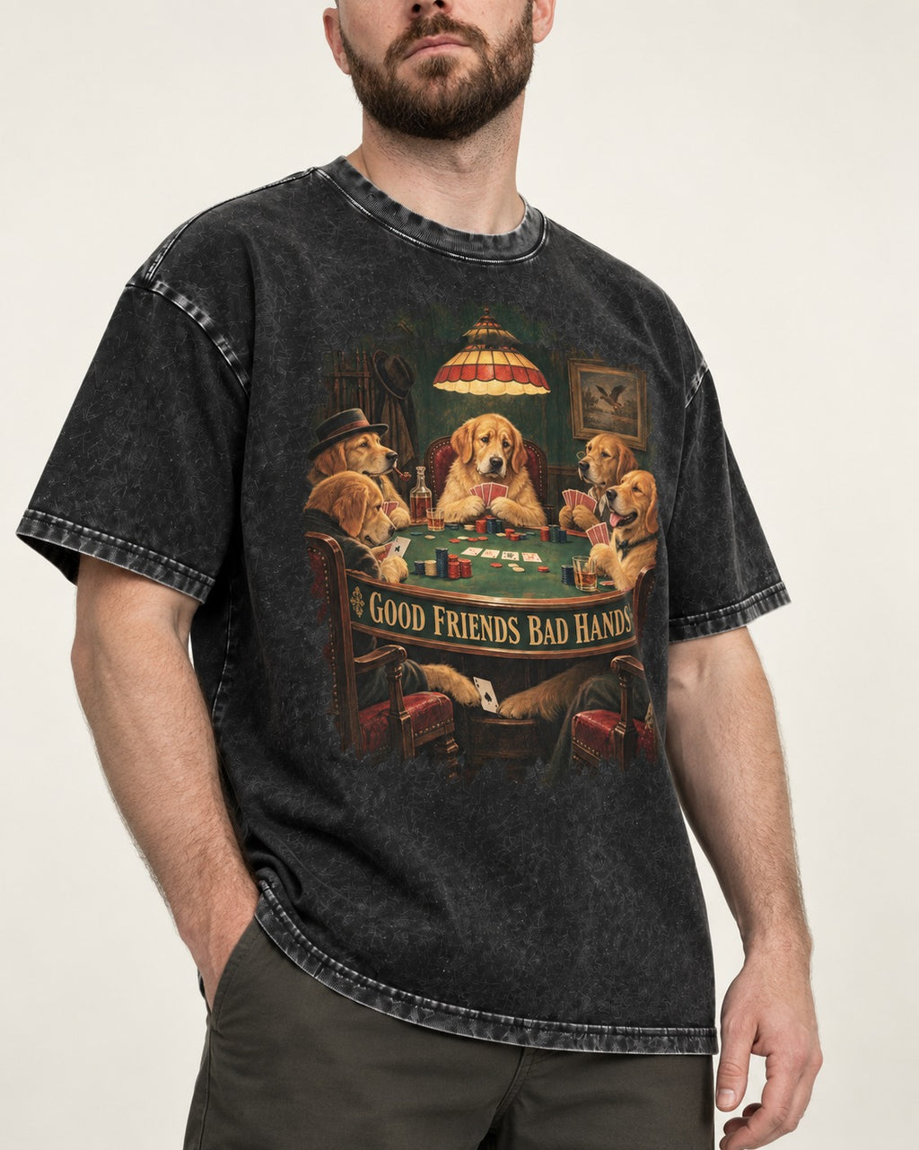 Good Friends Bad Hands Poker Golden Retriever Graphic Washed Tee in Black, worn by a model, front view