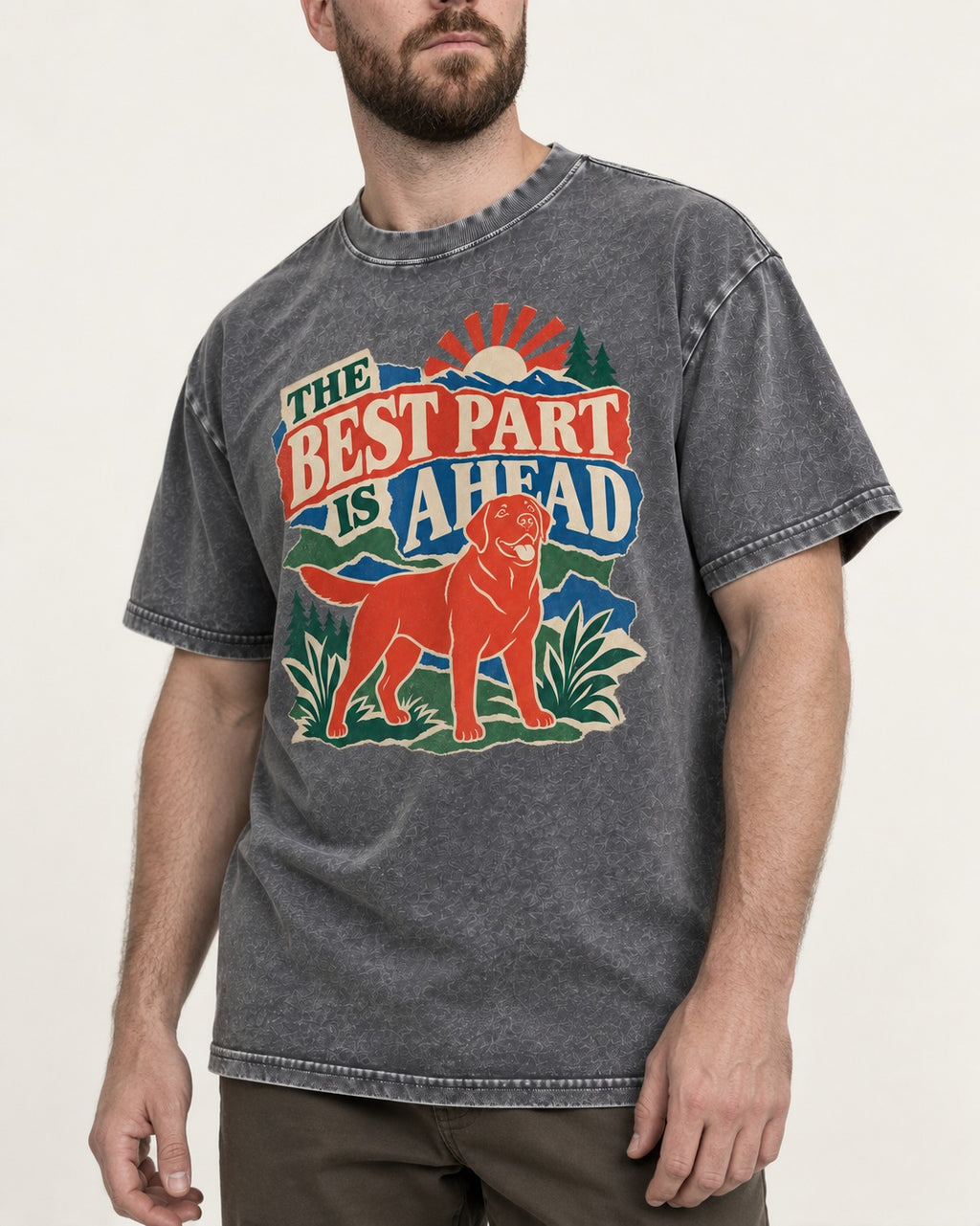 Labrador Retriever The Best Part Is Ahead Outdoor Graphic Washed Tee in Gray, worn by a model, front view