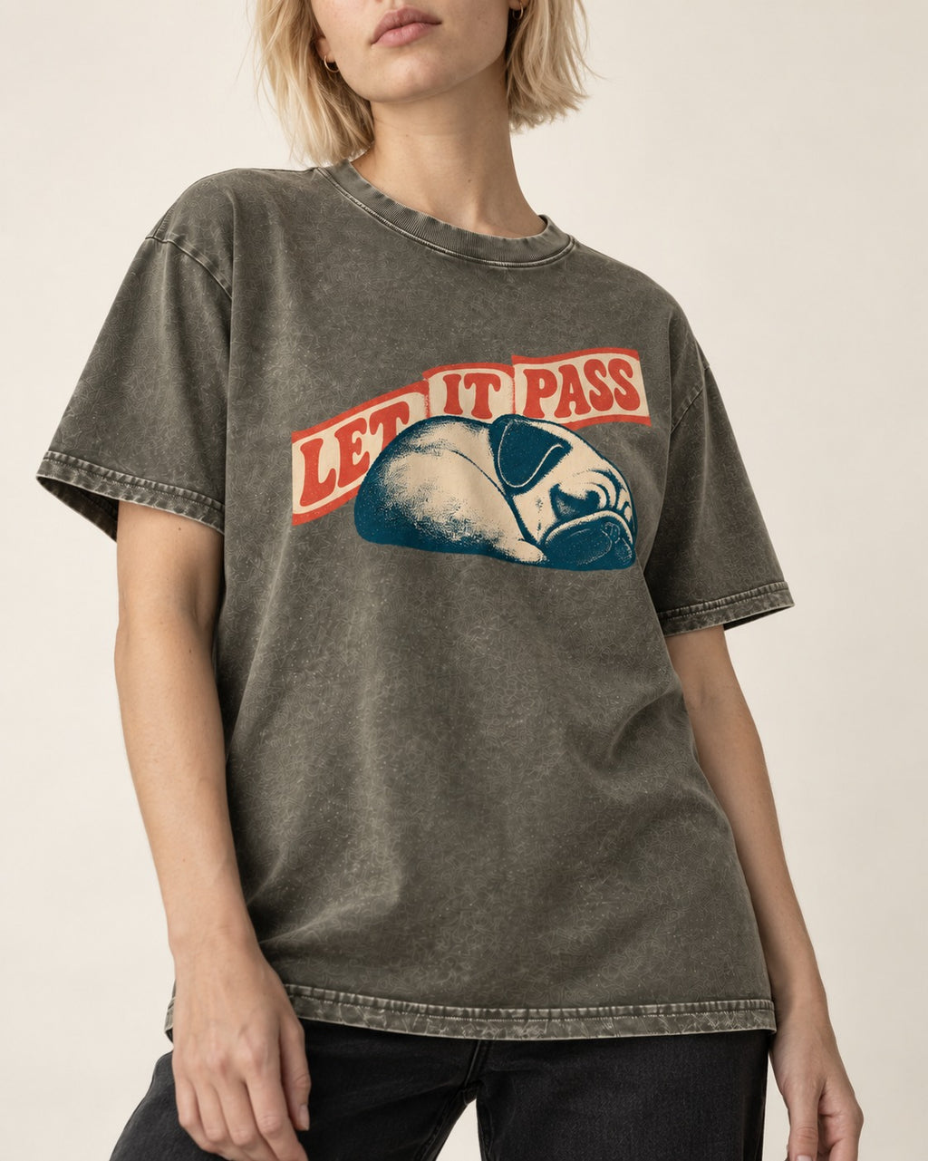 Pug Let It Pass Sleeping Banner Graphic Washed Tee in Army Green, worn by a model, front view