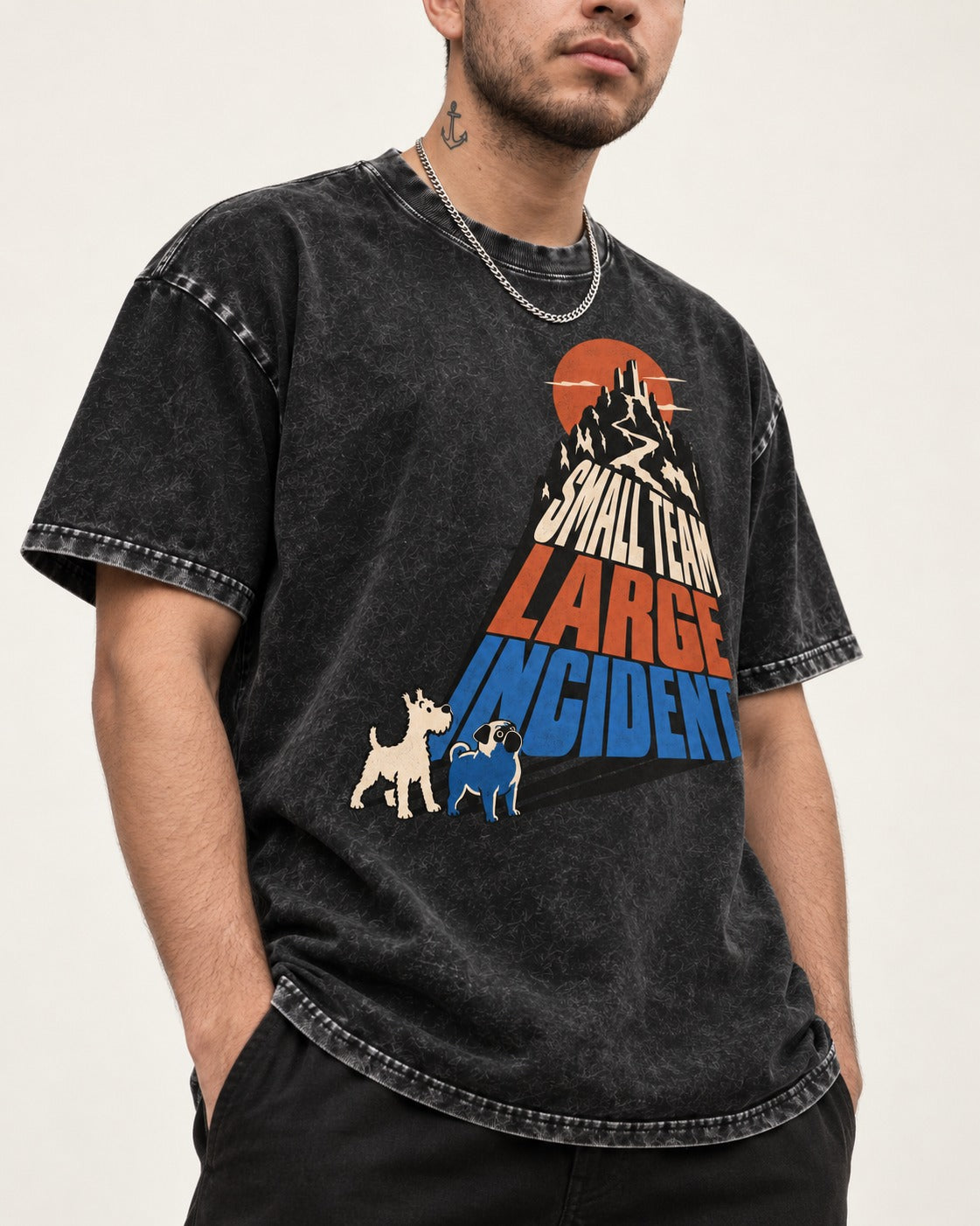 Pug Small Team Large Incident Mountain Graphic Washed Tee in Black, worn by a model, front view