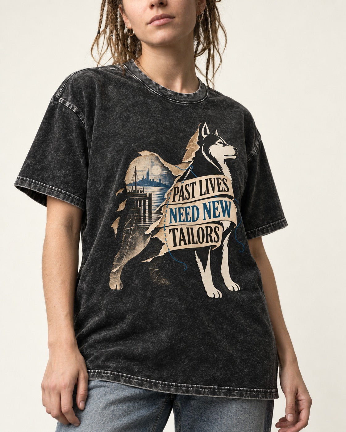 Husky Past Lives Need New Tailors Split Identity Graphic Washed Tee in Black, worn by a model, front view