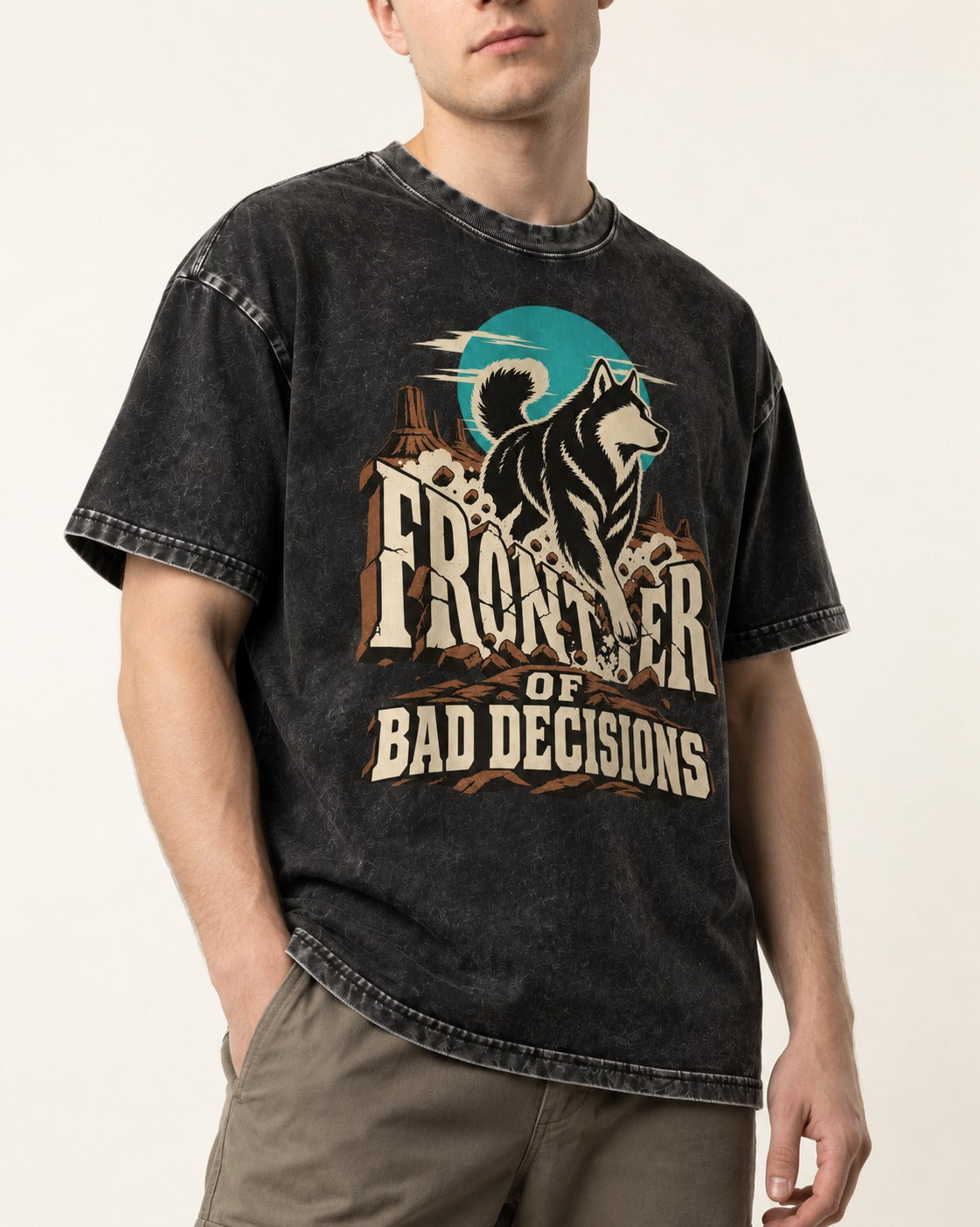 Husky Frontier of Bad Decisions Desert Graphic Washed Tee in Black, worn by a model, front view