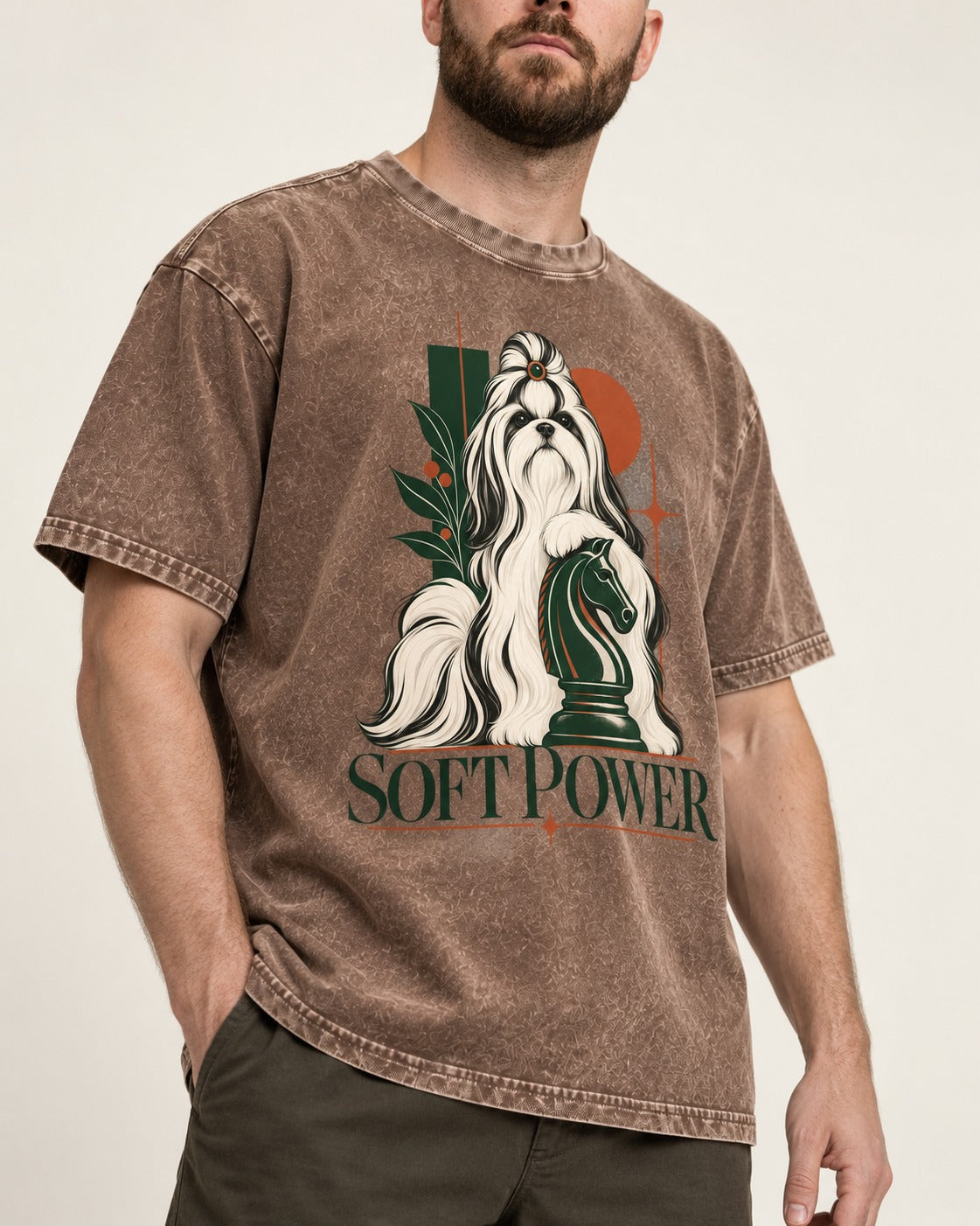 Soft Power Shih Tzu Washed Tee in Coffee, worn by a model, front view