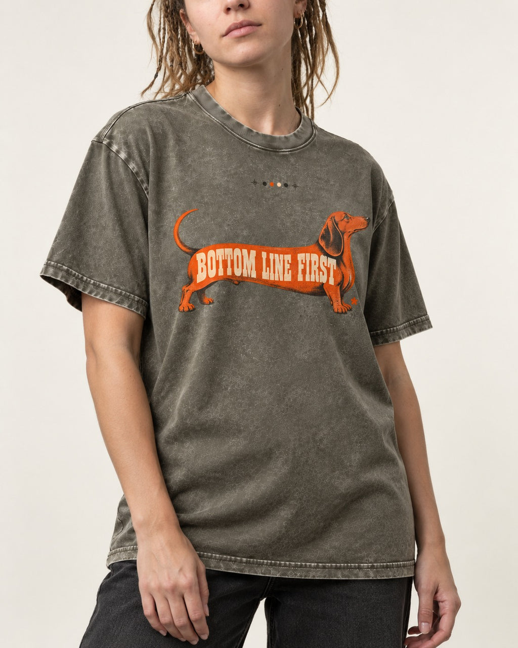 Dachshund Bottom Line First Body Lettering Graphic Washed Tee in Army Green, worn by a model, front view