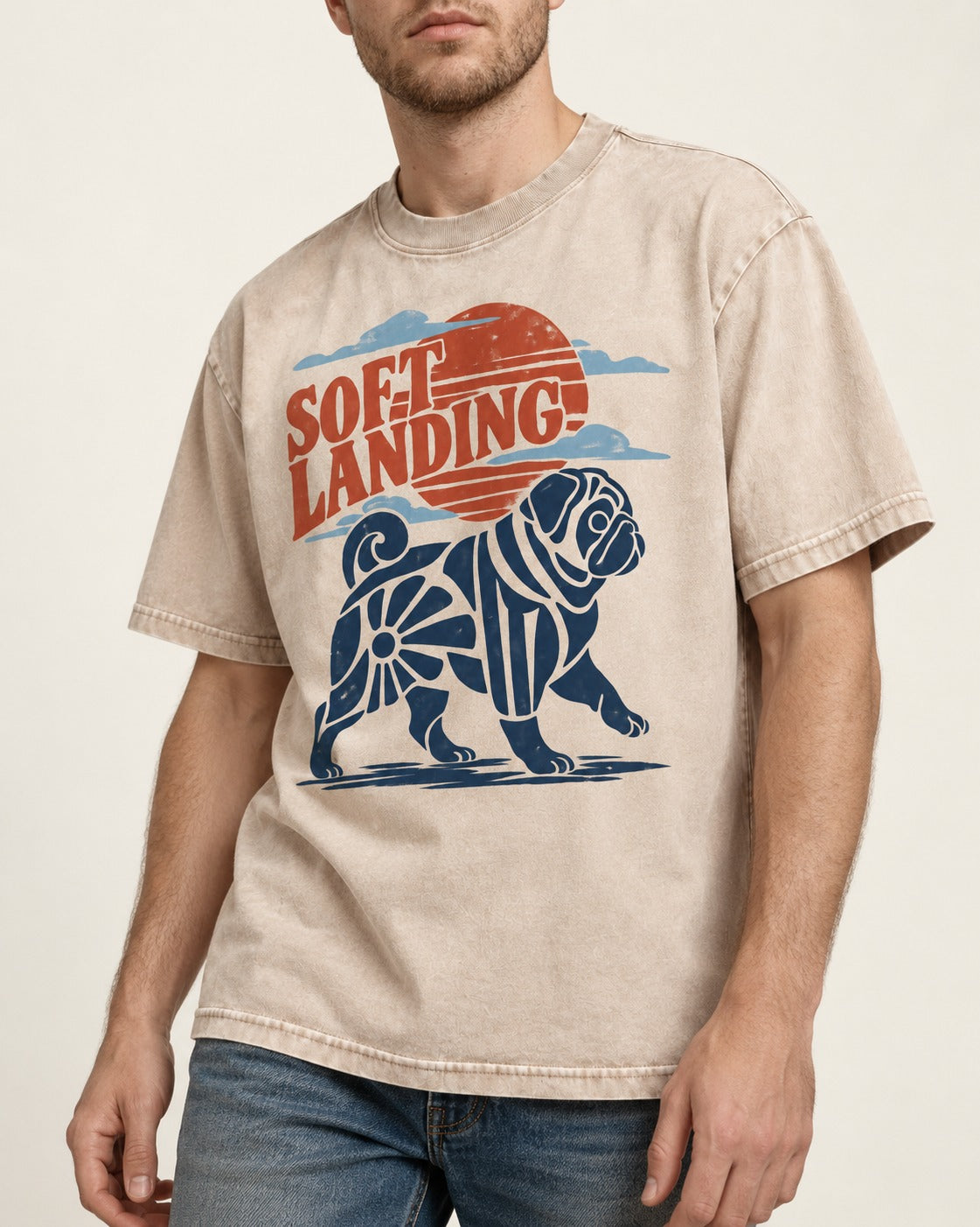 Pug's Soft Landing Washed Tee in Apricot, worn by a model, front view