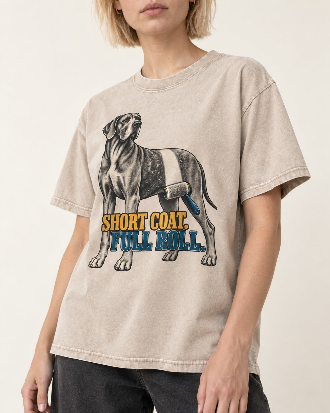 Short Coat Full Roll Great Dane Washed Tee in Apricot, worn by a model, front view