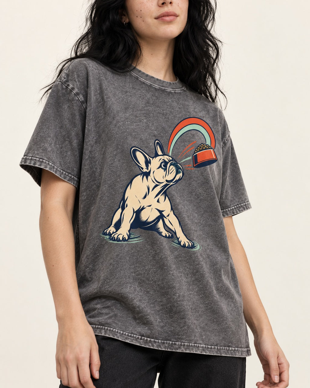 Frenchie Dinner Magnet Graphic Washed Tee in Gray, worn by a model, front view