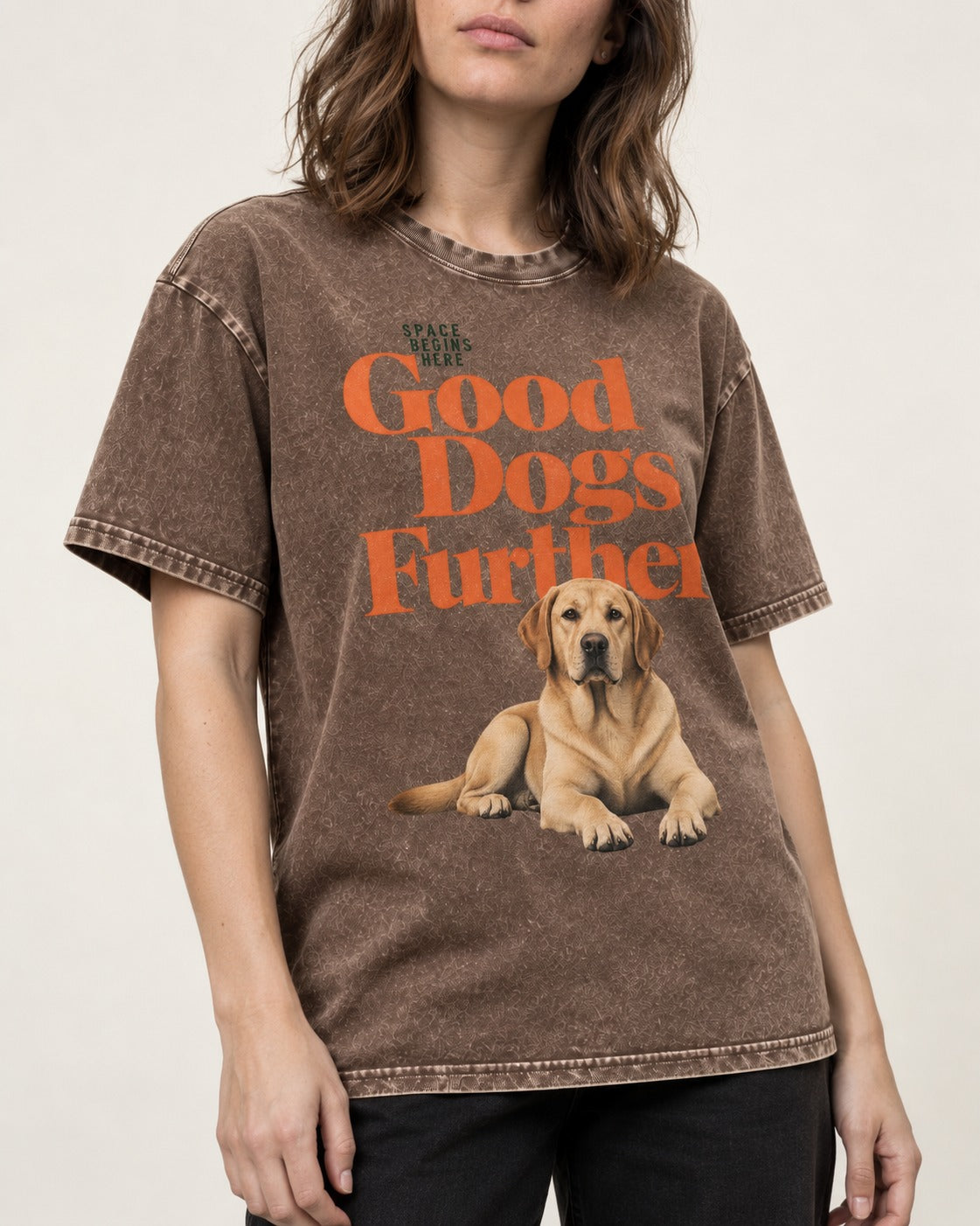 Good Labrador Retriever Goes Further Washed Tee in Coffee, worn by a model, front view