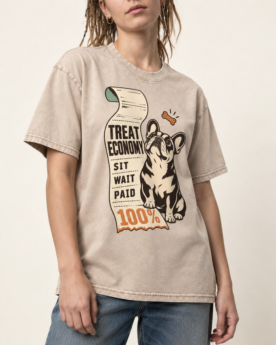 Sit Wait Paid Frenchie Washed Tee in Apricot, worn by a model, front view
