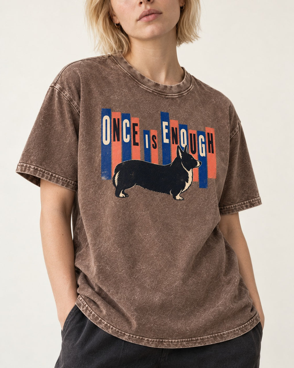 Corgi Once Is Enough Washed Tee in Coffee, worn by a model, front view