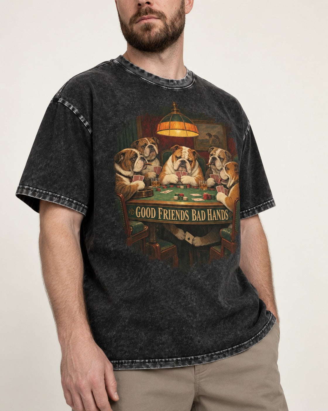 English Bulldog Good Friends Bad Hands Poker Graphic Washed Tee in Black, worn by a model, front view