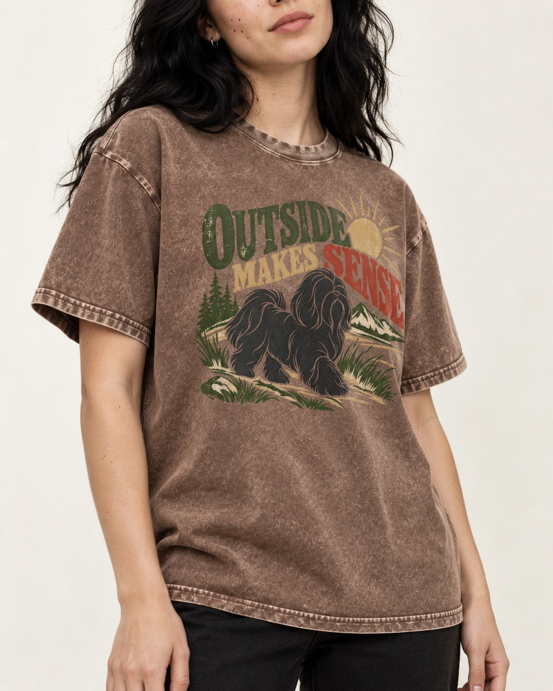 Shih Tzu Outside Makes Sense Mountain Trail Graphic Washed Tee in Coffee, worn by a model, front view