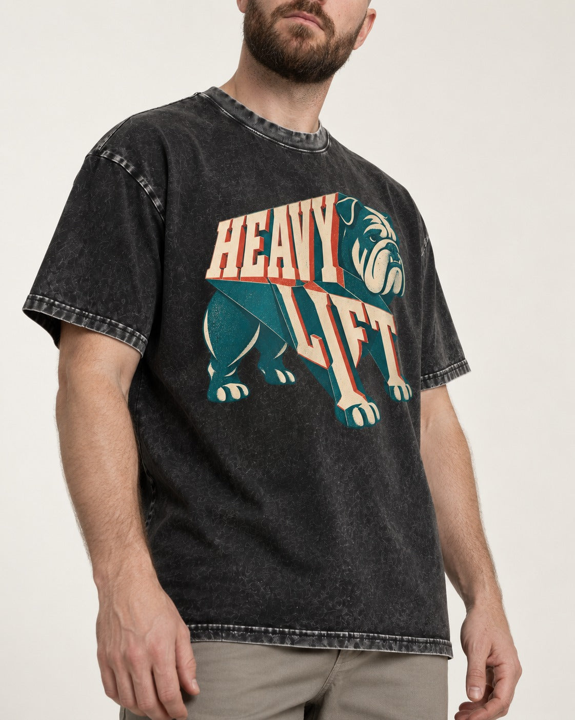 English Bulldog Heavy Lift Dimensional Type Washed Tee in Black, worn by a model, front view