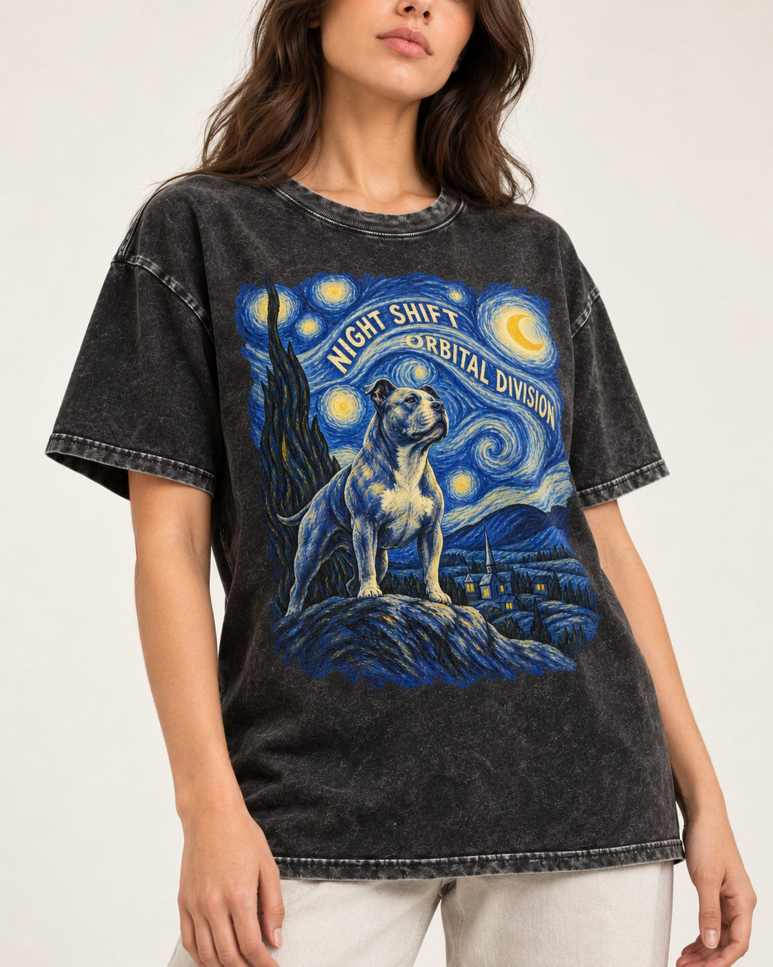 Pitbull Night Shift Orbital Division Starry Night Graphic Washed Tee in Black, worn by a model, front view