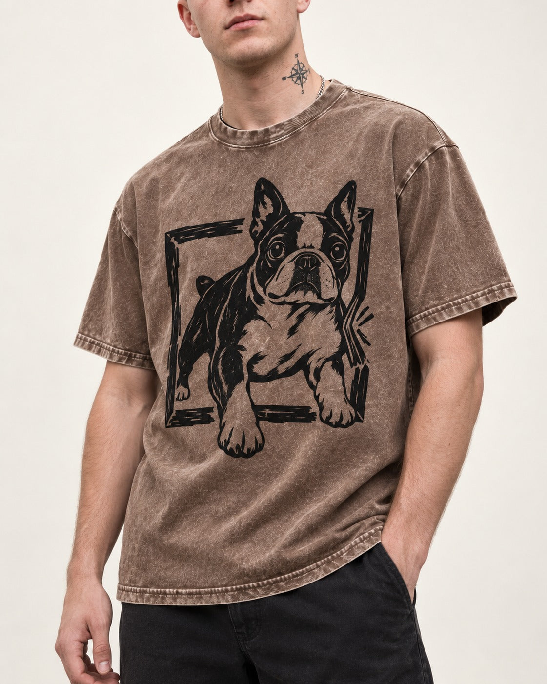 Boston Terrier Unstoppable Washed Tee in Coffee, worn by a model, front view