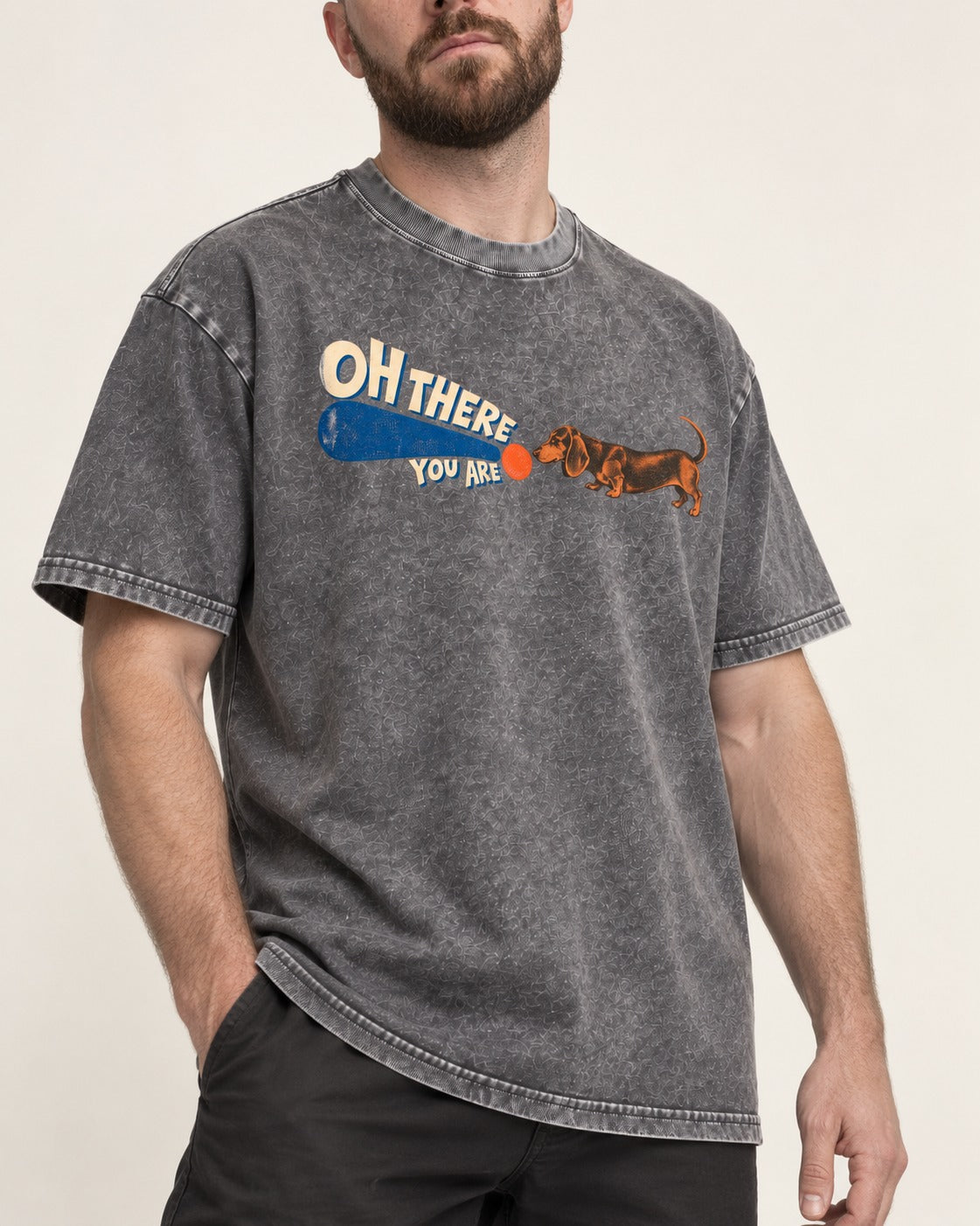 Dachshund Oh There You Are Ball Graphic Washed Tee in Gray, worn by a model, front view