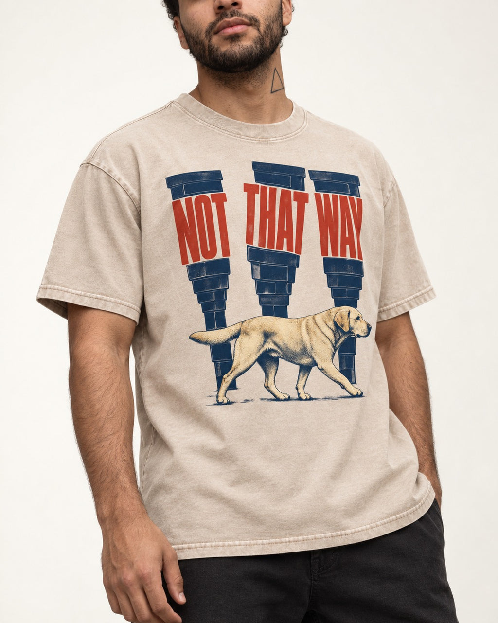 Not That Way Labrador Retriever Washed Tee in Apricot, worn by a model, front view
