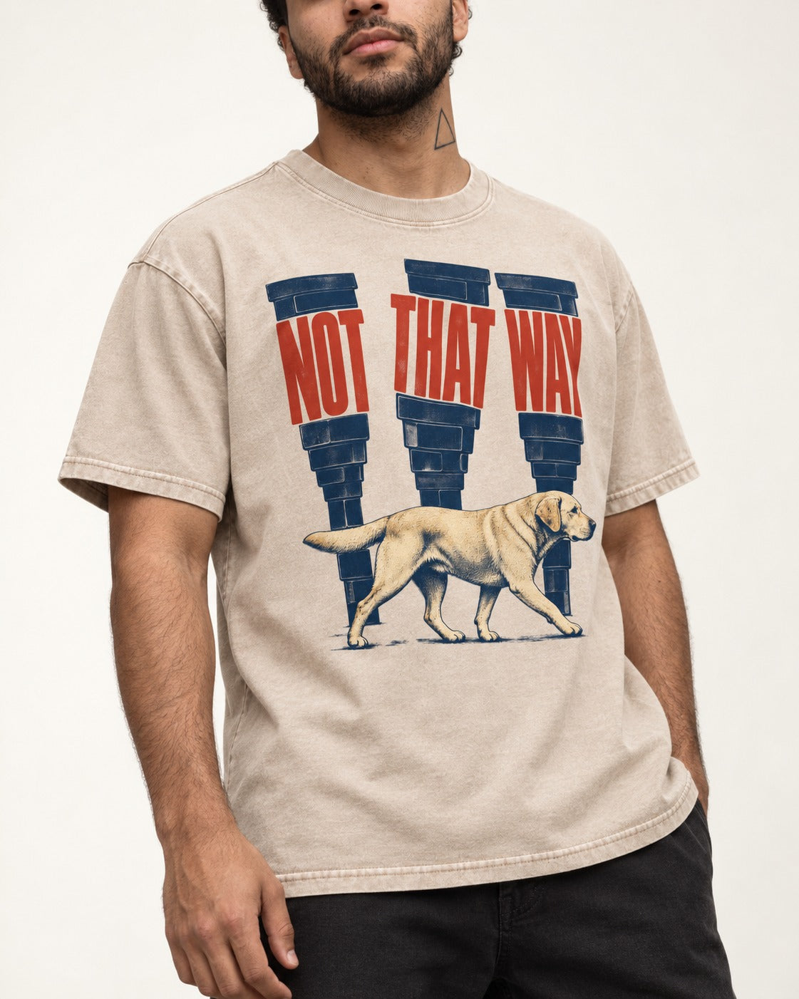Not That Way Labrador Retriever Washed Tee in Apricot, worn by a model, front view