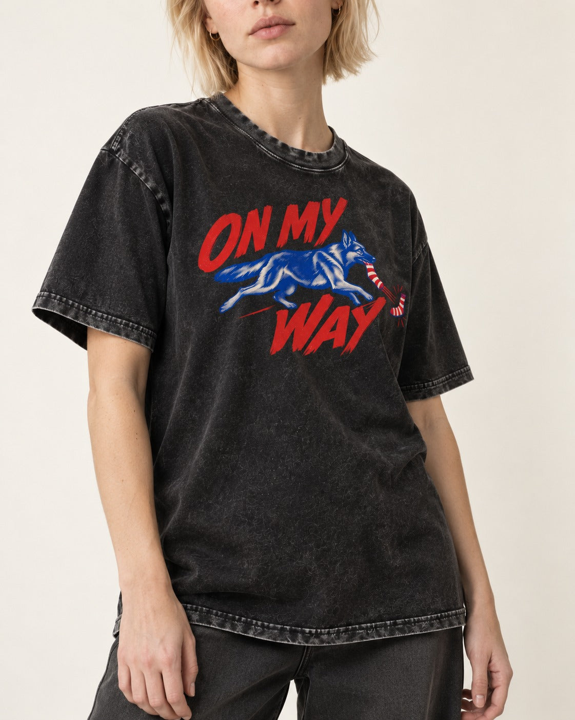 German Shepherd Dog On My Way Sock Chase Graphic Washed Tee in Black, worn by a model, front view