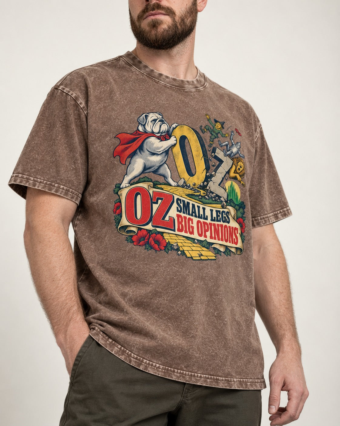 English Bulldog Small Legs Big Opinions Washed Tee in Coffee, worn by a model, front view